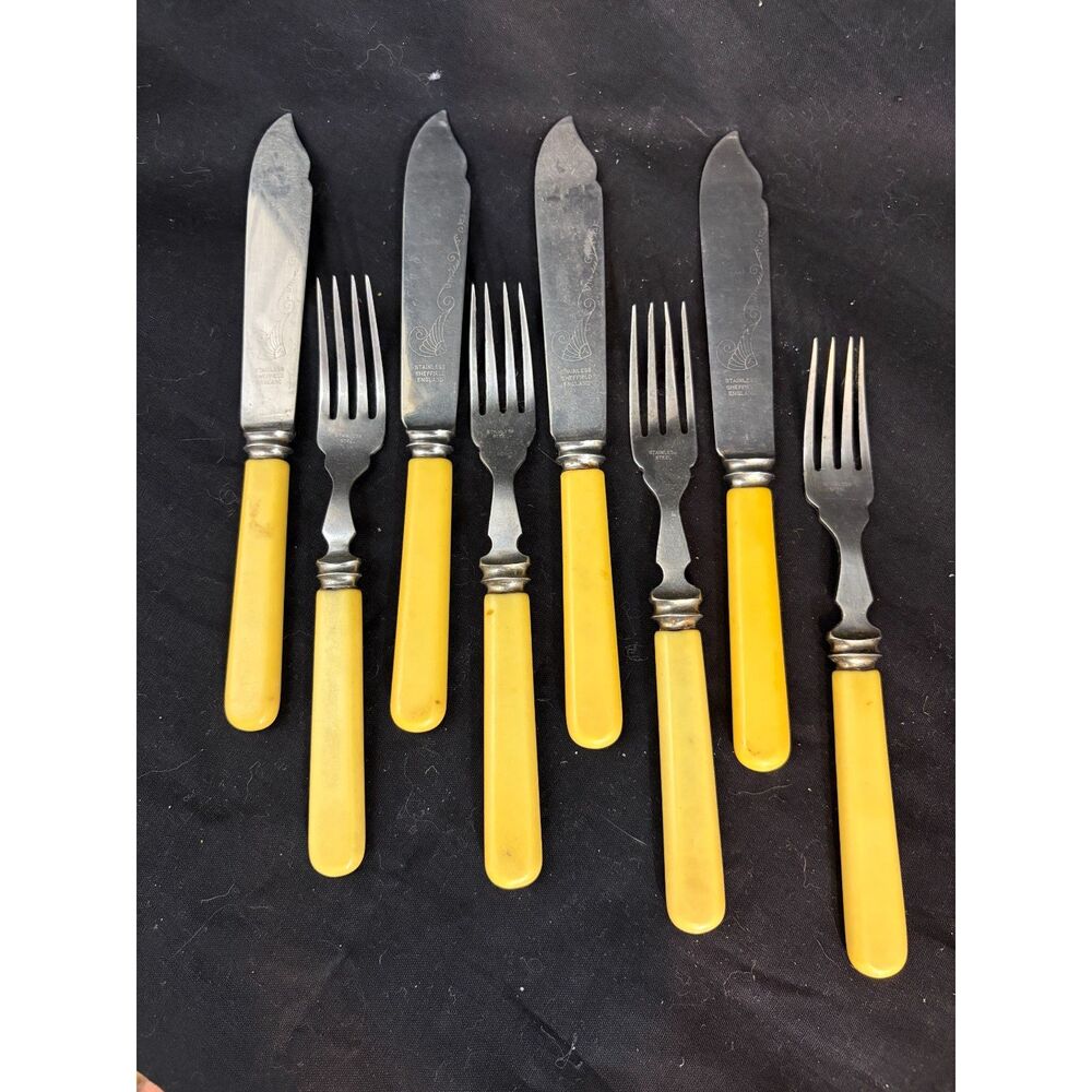 Vintage Sheffield England Fish Knife Fork Set for 4 Yellow Handles 8 Piece